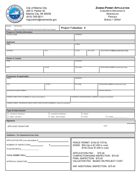 First page of the Zoning Permit Application: Driveways, Sidewalks, Fences, and Sheds Under 200 Square Feet