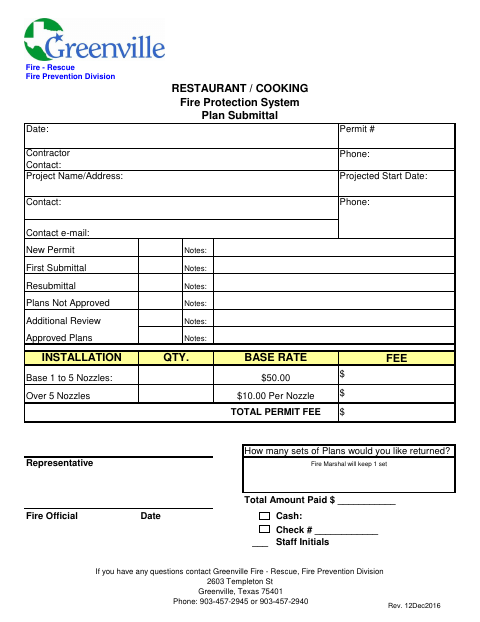 First page of the Fire Protection System Plan Submittal