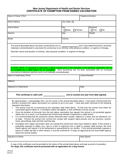 First page of the Certificate of Exemption From Rabies Vaccination