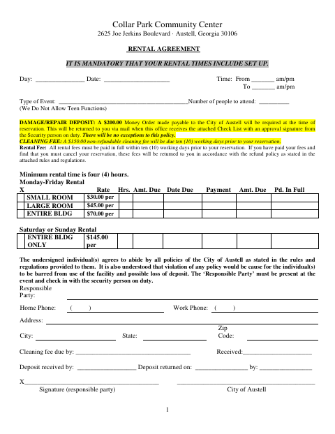 First page of the Collar Park Community Center Rental Agreement