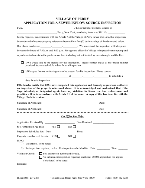 First page of the Application for a Sewer Inflow Source Inspection