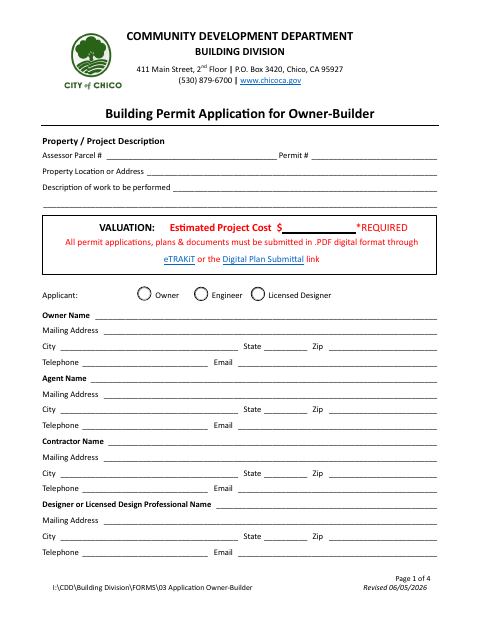 First page of the Building Permit Application for Owner-Builder