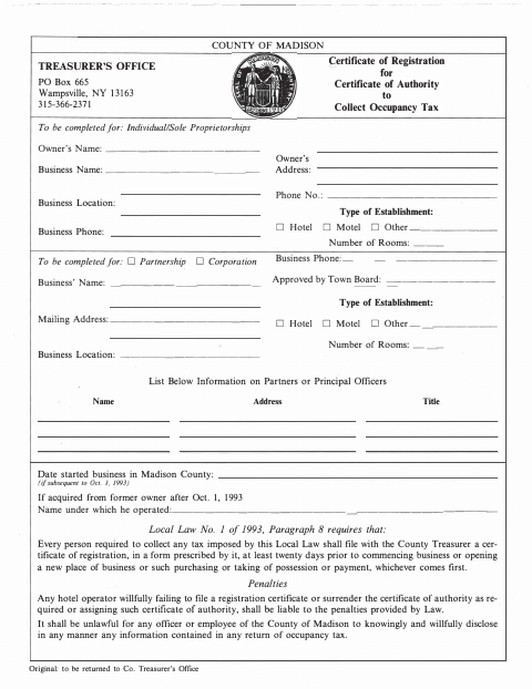 First page of the Certificate of Registration for Certificate of Authority to Collect Occupancy Tax