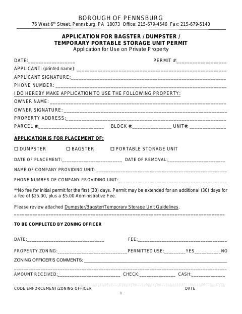First page of the Bagster, Dumpster, or Temporary Portable Storage Unit Permit Application