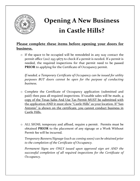 First page of the Certificate of Occupancy Application
