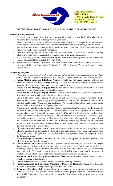 First page of the Claim Against the City