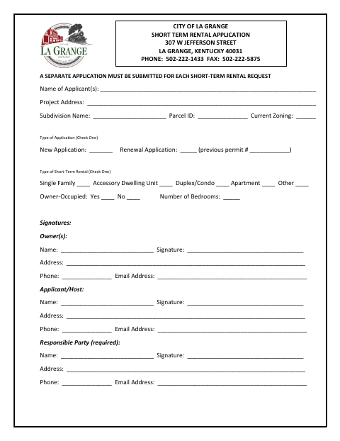 First page of the Short-Term Rental Application