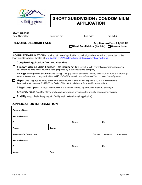 First page of the Short Subdivision And Condominium Application