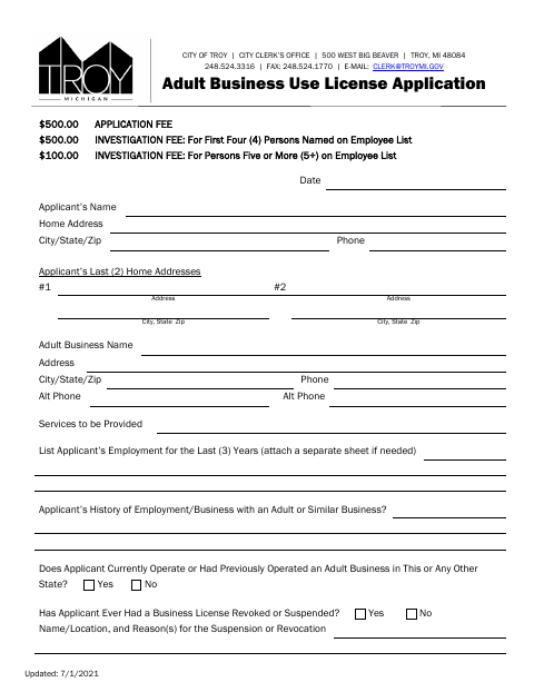 First page of the Adult Business Use License Application