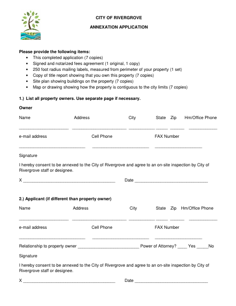 First page of the Annexation Application and Agreement to Meet Costs