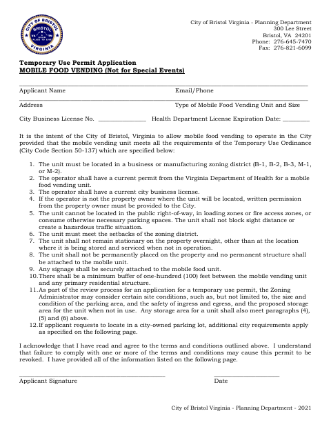 First page of the Temporary Use Permit Application for Mobile Food Vending