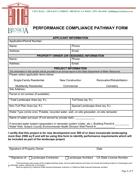 First page of the Performance Compliance Pathway Form