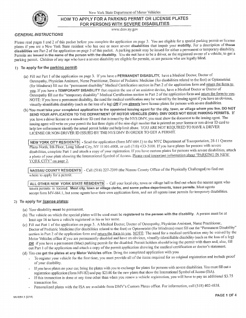 First page of the Parking Permit Application for Persons With Severe Disabilities