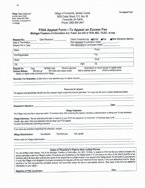 First page of the FOIA Excess Fee Appeal Form
