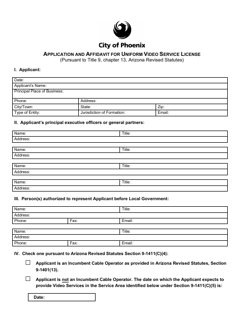 First page of the Application and Affidavit for Uniform Video Service License