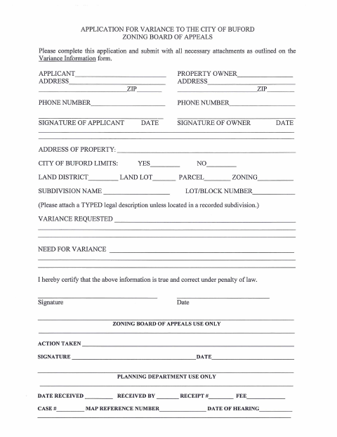 First page of the Application for Variance to Zoning Board of Appeals