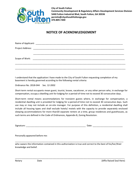 First page of the Basement Notice Of Acknowledgment