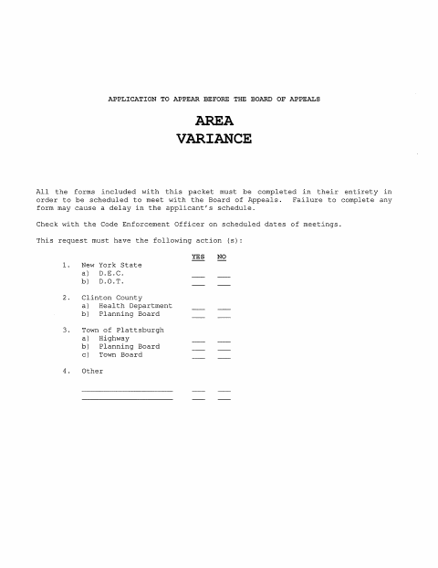 First page of the Area Variance Application