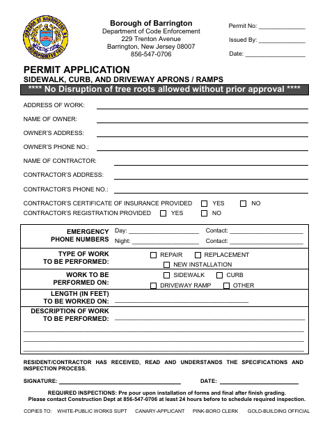 First page of the Permit Application Sidewalk, Curb, and Driveway Aprons / Ramps