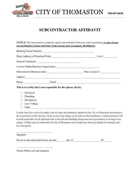 First page of the Subcontractor Affidavit