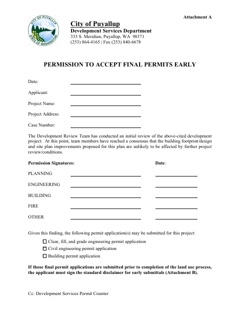 First page of the Permission to Accept Final Permits Early / Final Permit Submittal Disclaimer