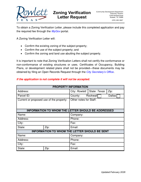 First page of the Zoning Verification Letter Request