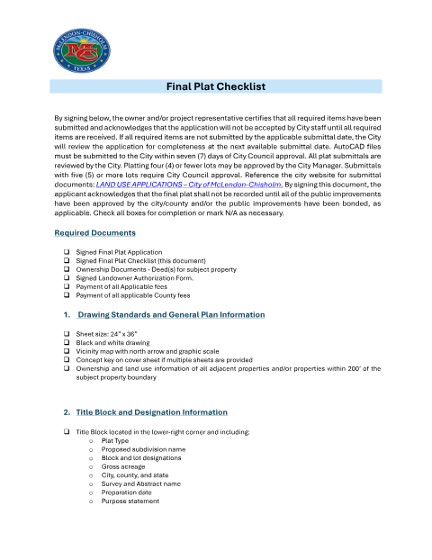 First page of the Final Plat Checklist