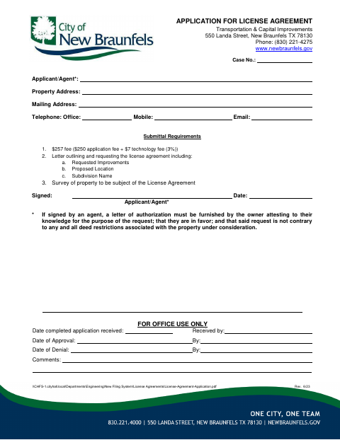 First page of the License Agreement Application