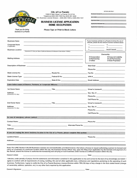 First page of the Home Occupation Business License Application