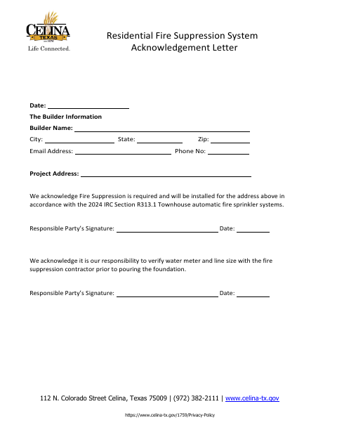 First page of the Residential Fire Suppression System Acknowledgement Letter