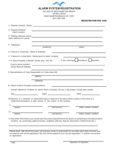 First page of the Alarm System Registration