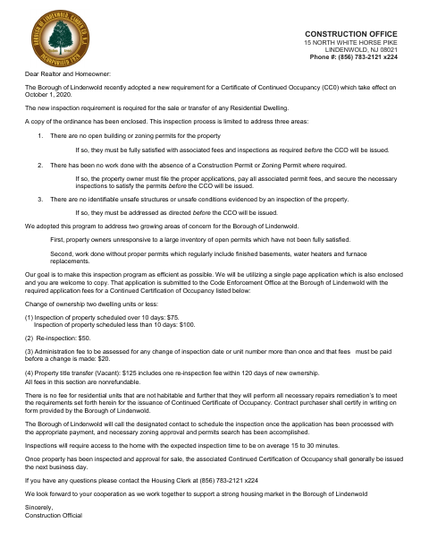 First page of the Residential Property Sales Inspection Application CCO
