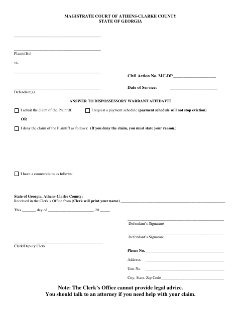 First page of the Answer to Dispossessory Warrant Affidavit