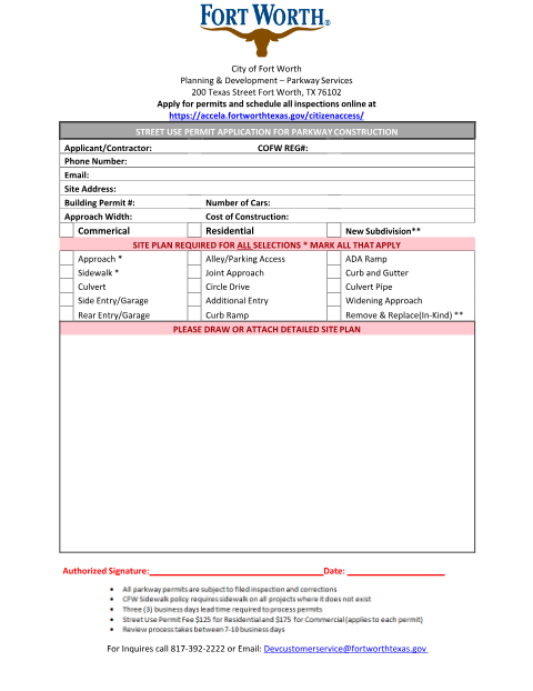 First page of the Street Use Permit Application for Parkway Construction