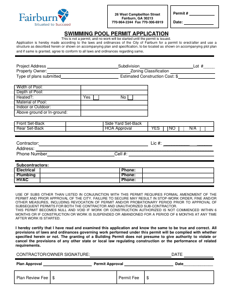 First page of the Swimming Pool Permit Application
