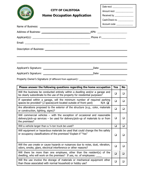 First page of the Home Occupation Application
