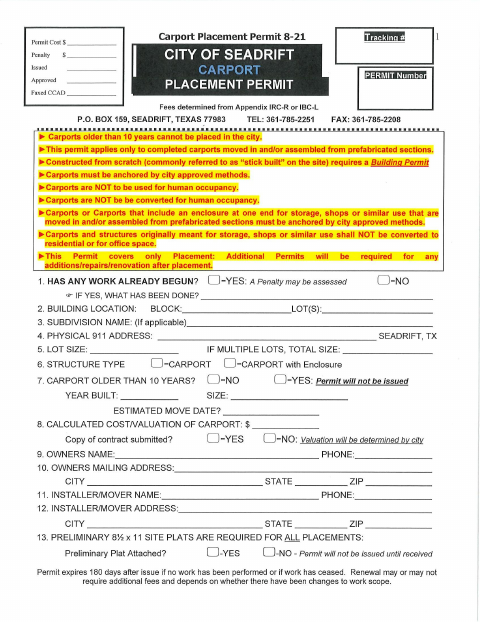 First page of the Carport Placement Permit