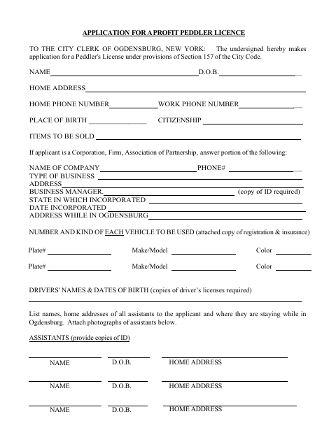 First page of the Profit Peddler License Application