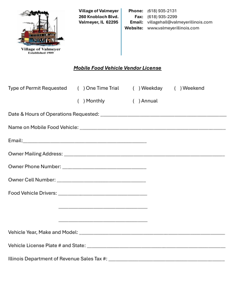 First page of the Mobile Food Vehicle Vendor License