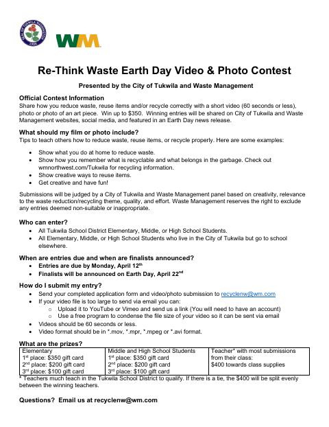 First page of the Re-Think Waste Earth Day Video & Photo Contest Entry Form