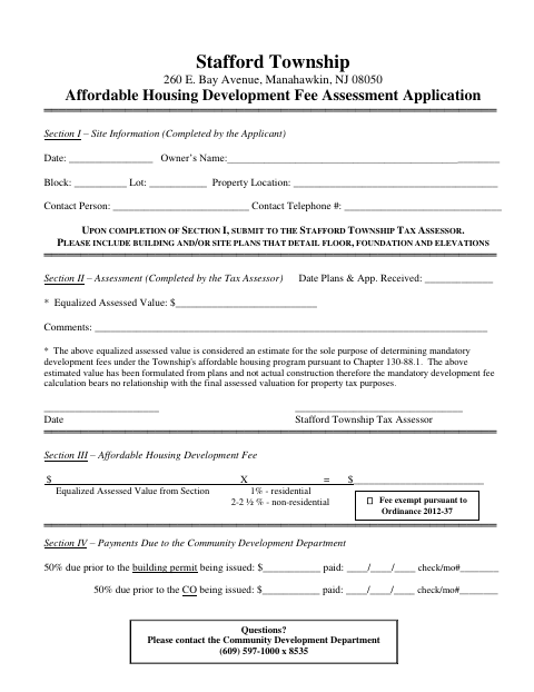 First page of the Affordable Housing Development Fee Assessment Application