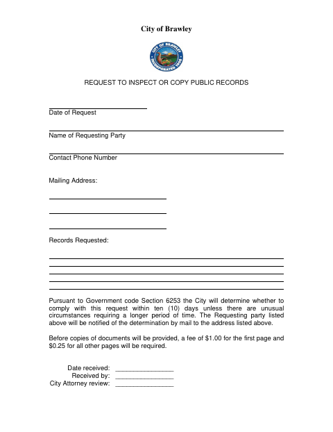 First page of the Request to Inspect or Copy Public Records