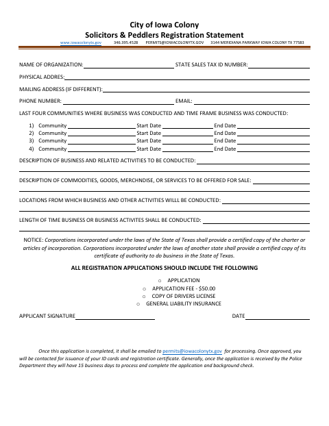 First page of the Solicitors & Peddlers Registration Statement