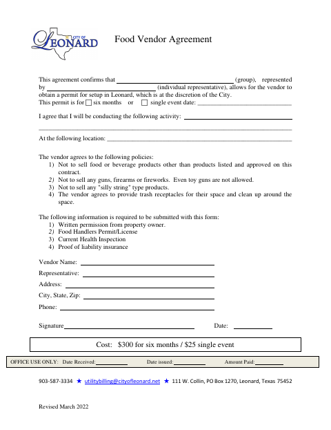 First page of the Food Vendor Agreement