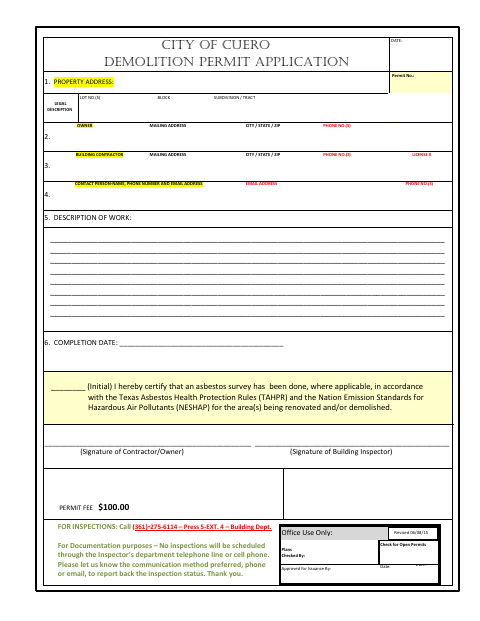 First page of the Demolition Permit Application