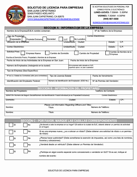 First page of the Business License Application