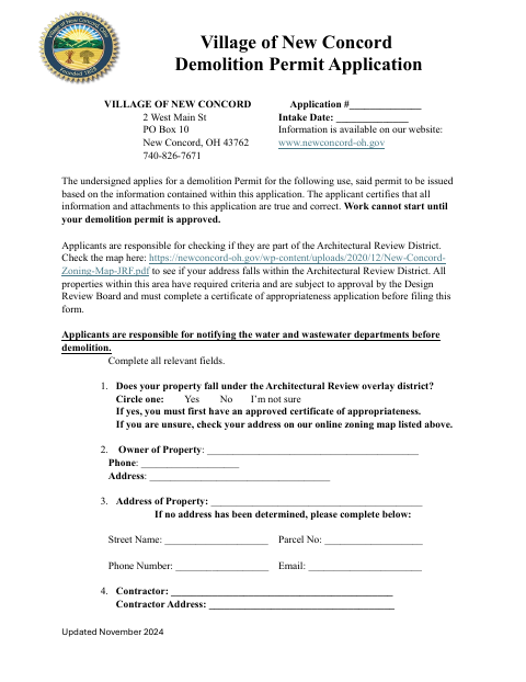 First page of the Demolition Permit Application