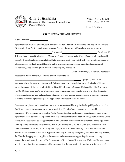 First page of the Cost Recovery Agreement