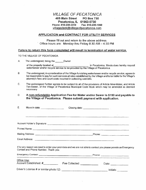 First page of the Application and Contract for Utility Services