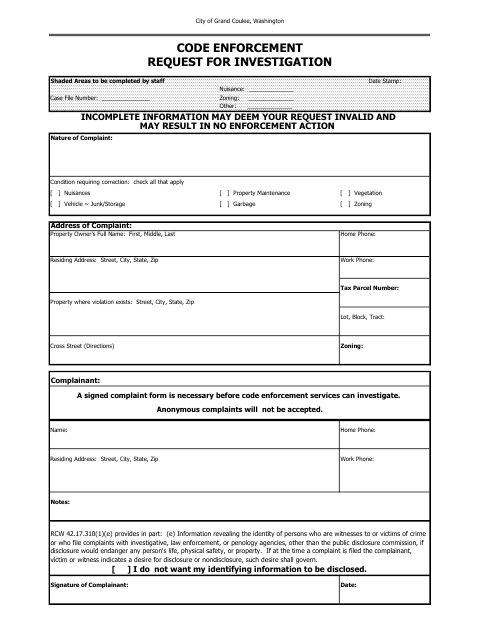 First page of the Code Enforcement Request for Investigation